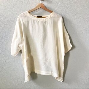Eskandar 100% Linen Ivory Short Sleeve Top Size 0 Small A Line Front Pocket